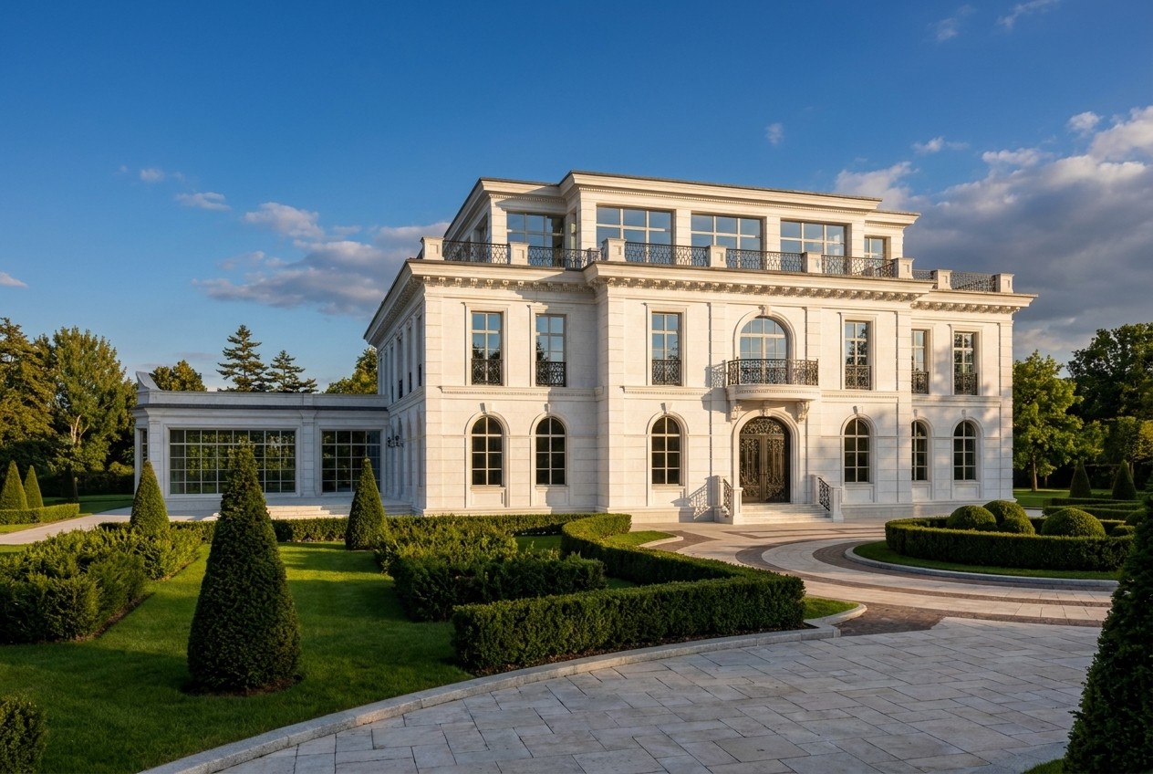 Широкий план: белокаменная вилла с оранжереей и застеклённым бельведером среди зелени, регулярный партер и зеркало воды — светлая неоклассика во всём строе.