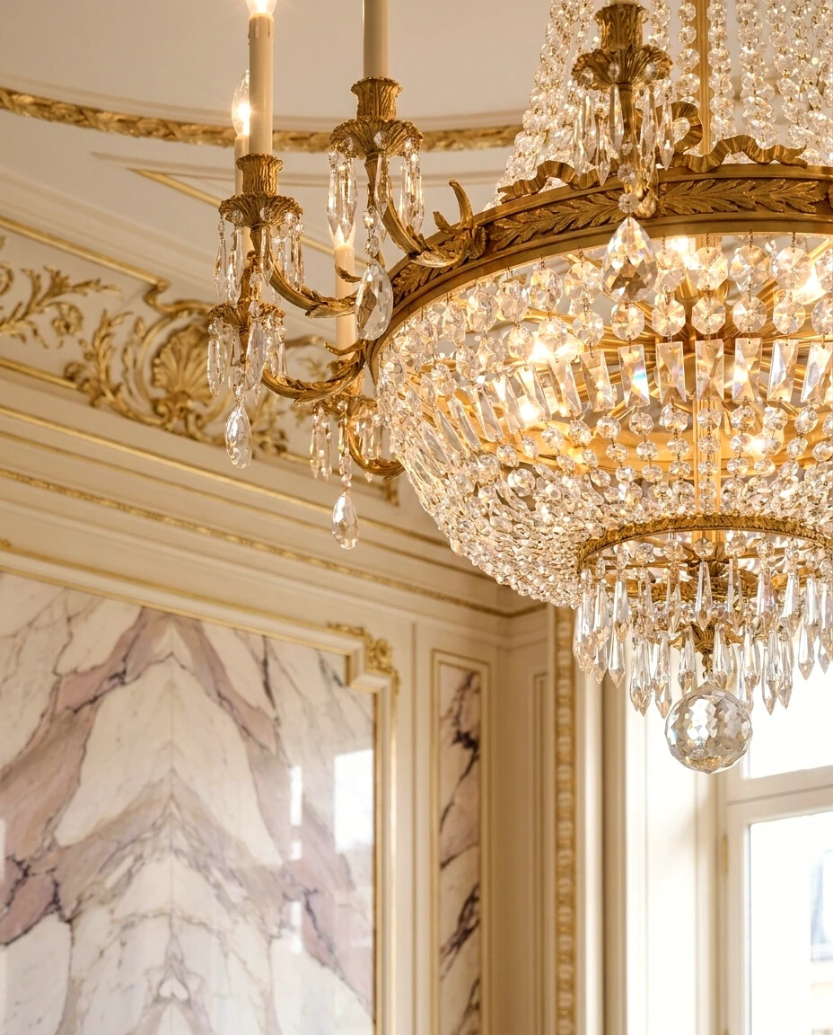 Хрустальная люстра Baccarat — сияние над мрамором.