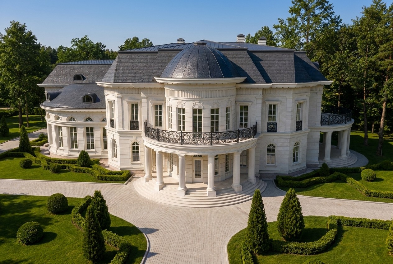 Вид с высоты: кремовая вилла Conchiglia с тёмным ребристым куполом ротонды в центре, крыльями под французской мансардой с люкарнами, скруглёнными эркерами, колоннадным крылом и геометрией стриженых садов среди парка.