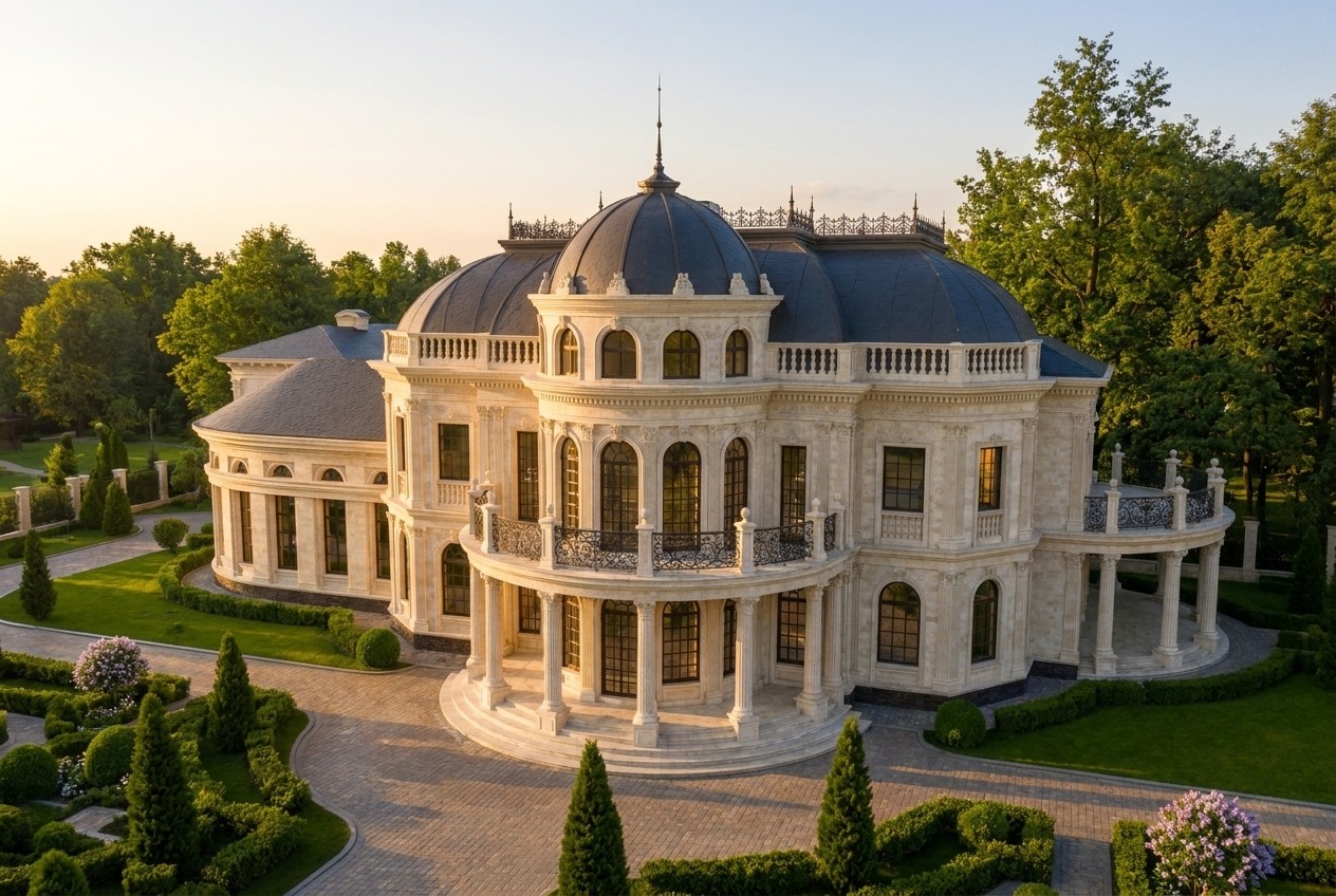 Вид с высоты: кремовый дворец Corona с тремя тёмными куполами — центральной ротондой со шпилем и двумя купольными мансардами крыльев, двусветным портиком, изогнутым колоннадным крылом и геометрией стриженых садов среди парка.