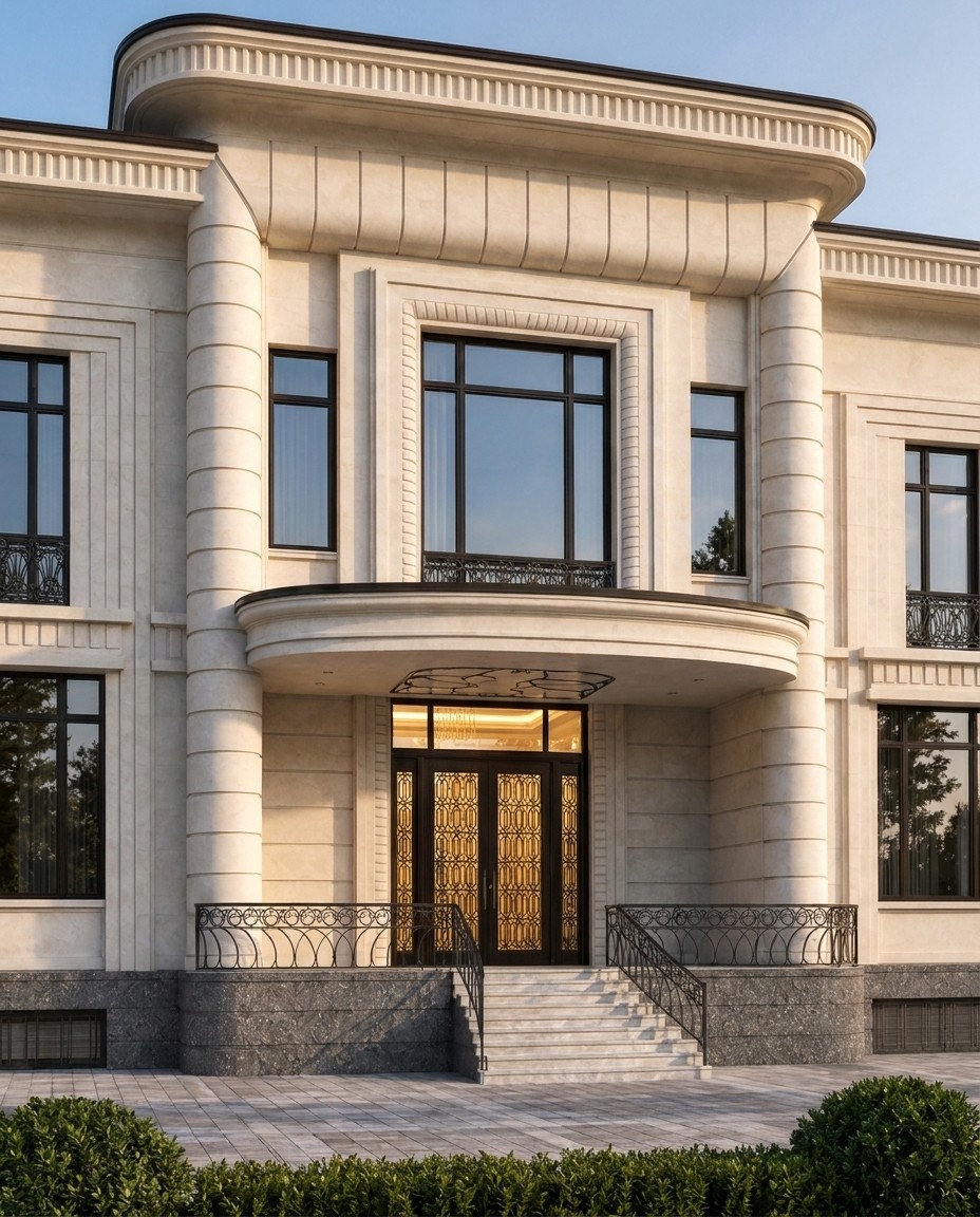Вход крупно: изогнутый козырёк-«крыло» на круглых каннелированных колоннах, бронзовые двери с геометрическим ар-деко-рисунком, вертикальный рифлёный фриз и ар-деко ограждение балкона кругового мотива.