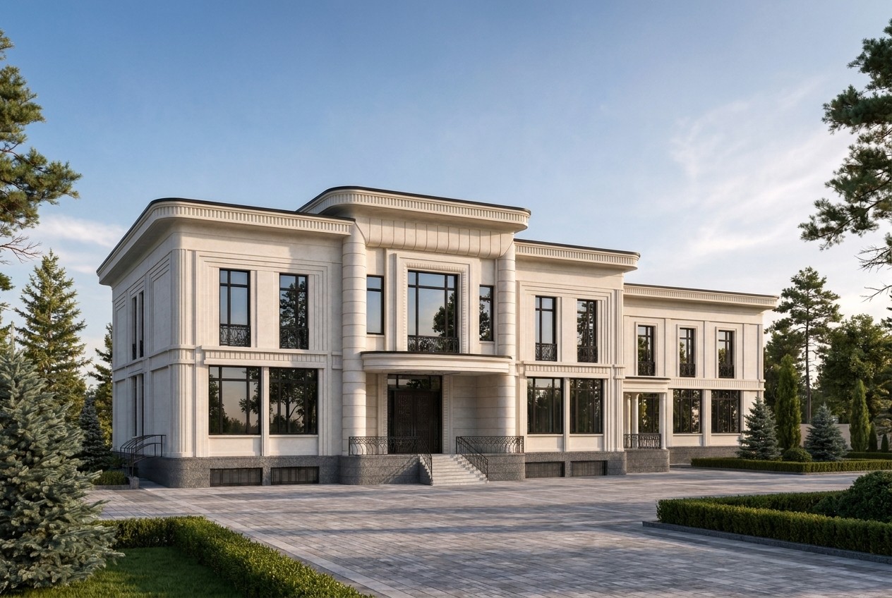 Широкий план: резиденция Deco в айвори-известняке со скруглёнными эркерами, стримлайн-карнизами и графитовым гранитным цоколем среди соснового парка — ар-деко на новый лад.