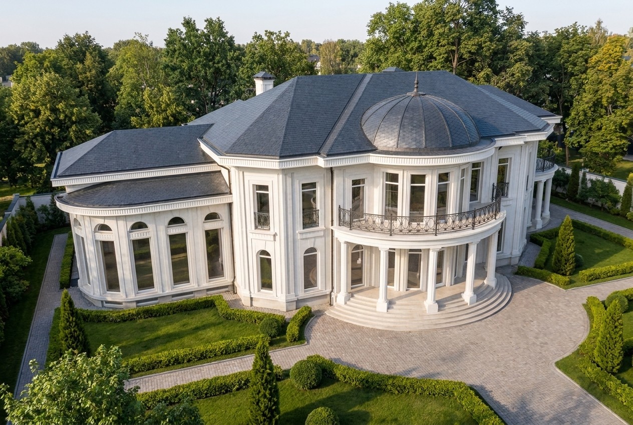 Вид с высоты: белокаменная вилла Diadema с тёмным ребристым куполом ротонды в центре, симметричными крыльями под вальмовой сланцевой кровлей, крылом-оранжереей и геометрией стриженых садов среди парка.