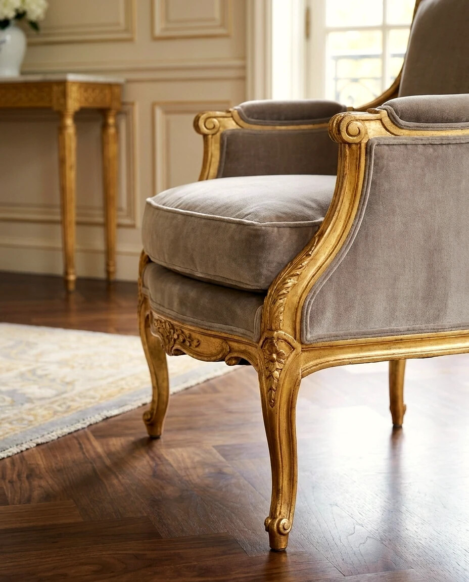 Золочёная резьба Louis XV — тонкая позолота на белом дереве.