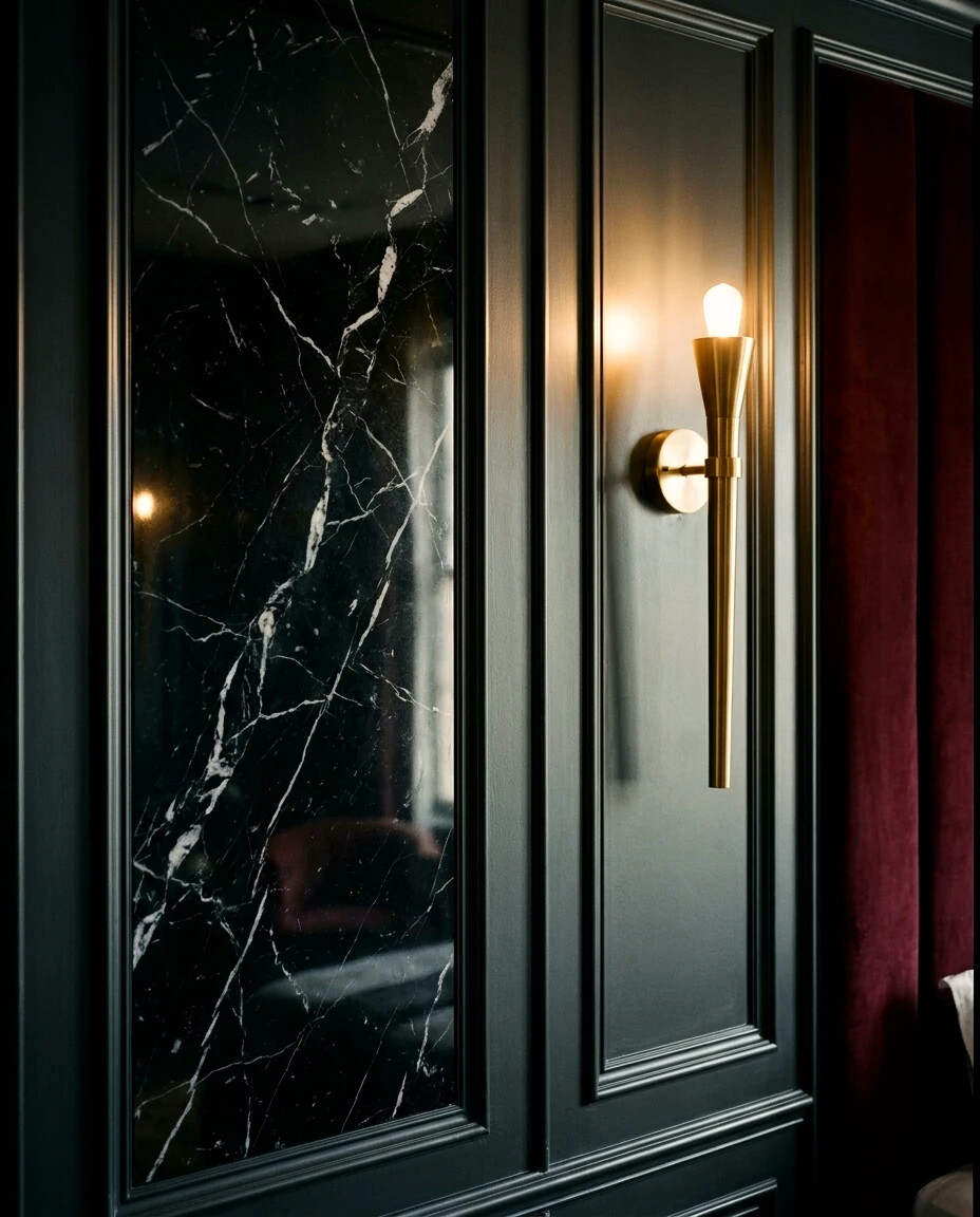 Чёрный мрамор и бра: Nero Marquina в лаковой раме под золотым бра-факелом.