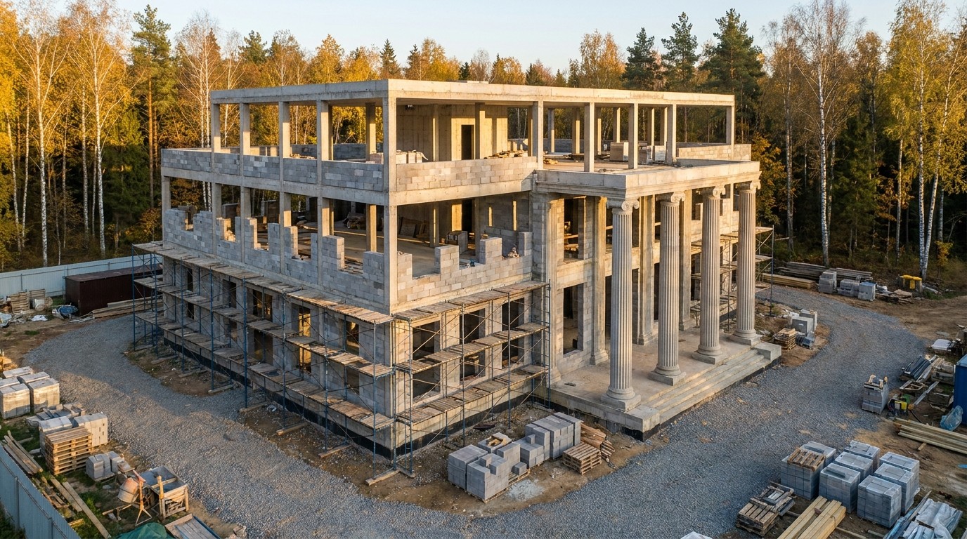 Монолитный каркас классического особняка в процессе строительства