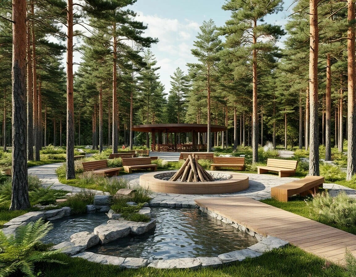 Частный лесной парк с водоёмами