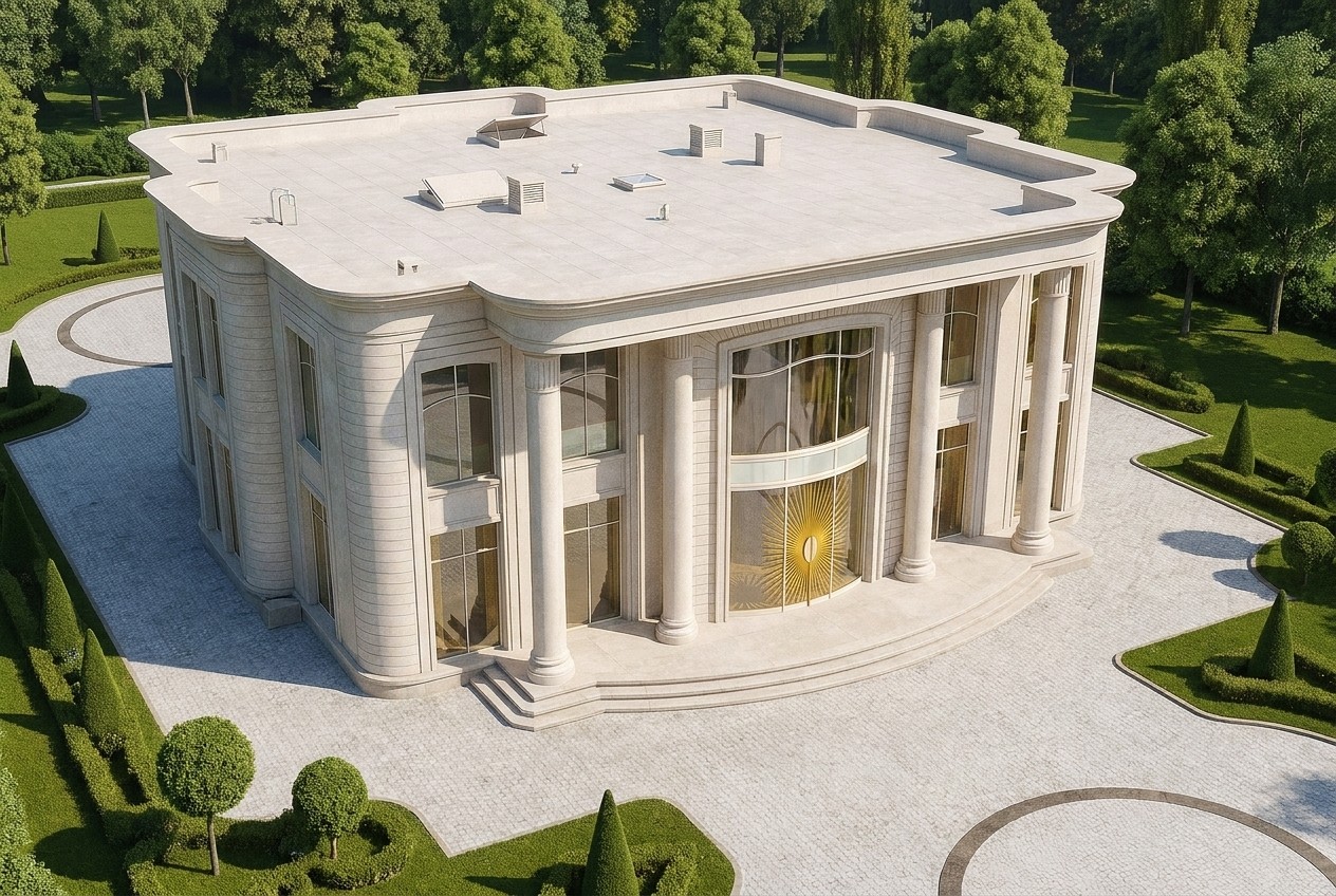 From above: the curvilinear plan and the circle of the forecourt compose one figure amid the greenery.