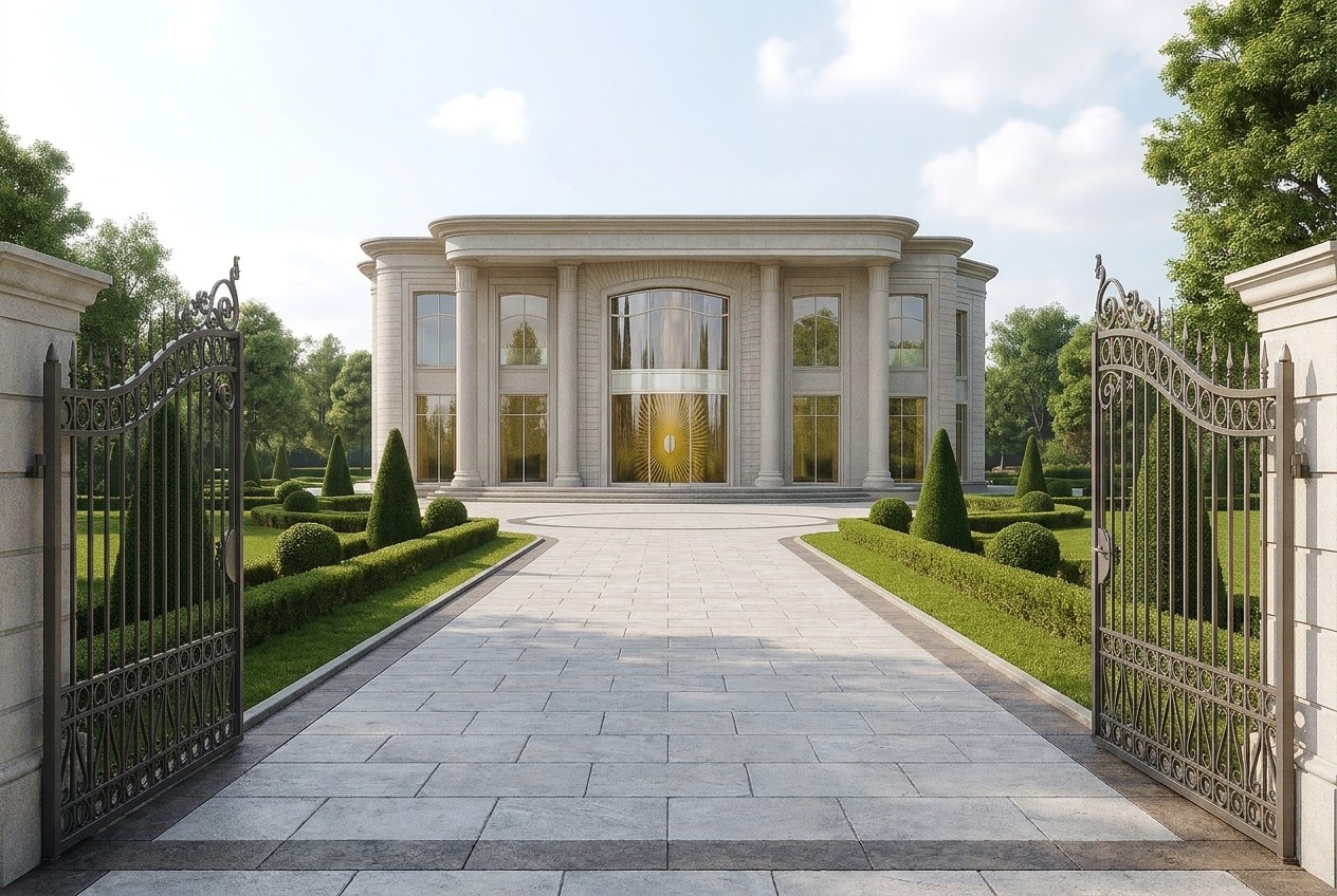 The approach is framed by a formal park; the movement brings the guest exactly onto the entrance axis and the colonnade.