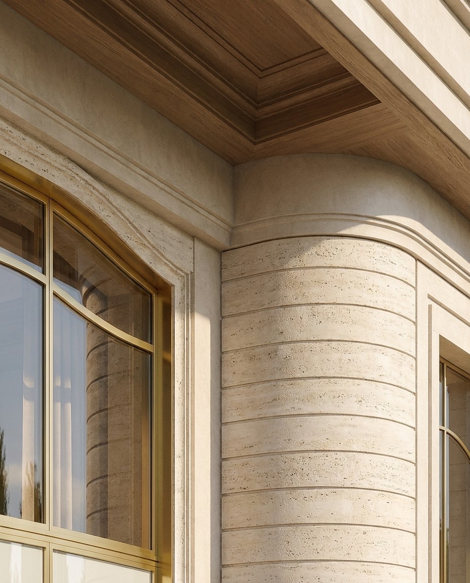 A detail: the texture of the travertine, the profile of the flat cornice and the soft shadow beneath it — sculptural form without excess ornament.