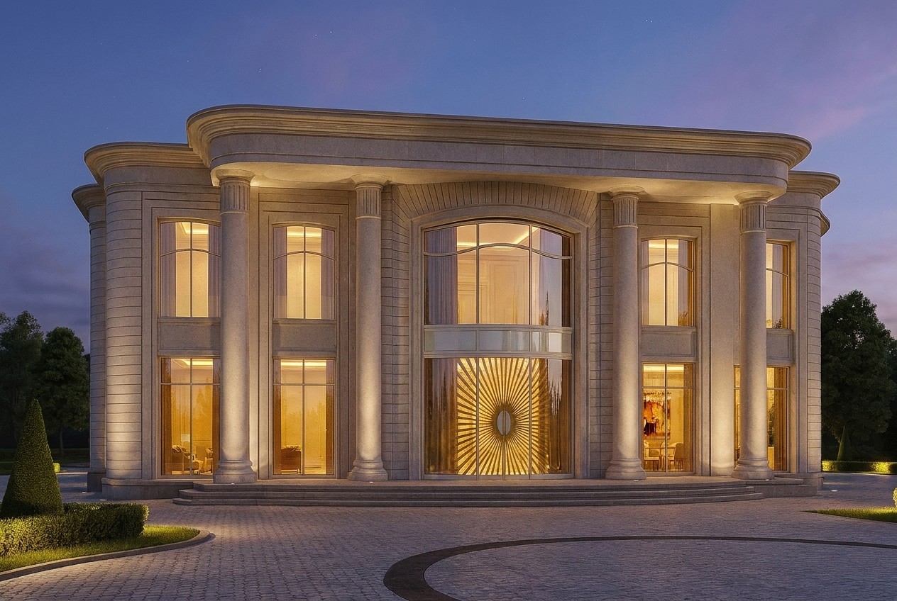 Dusk: the colonnade a warm silhouette, and through the glass the light of the reception rooms and the golden sun of the portal.