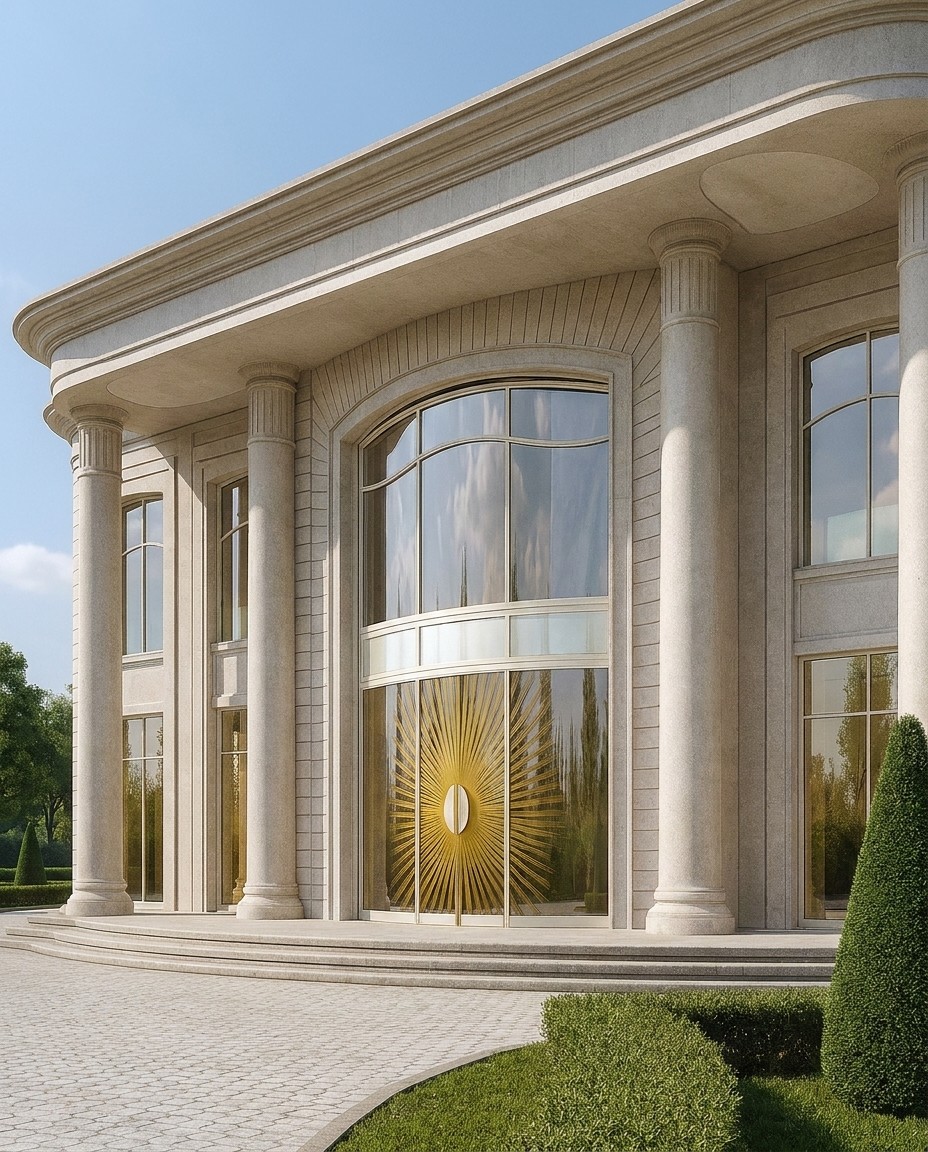 The colonnade up close: smooth Ionic shafts, the curved arched window and the golden sun of the portal — the ceremonial entrance as light.