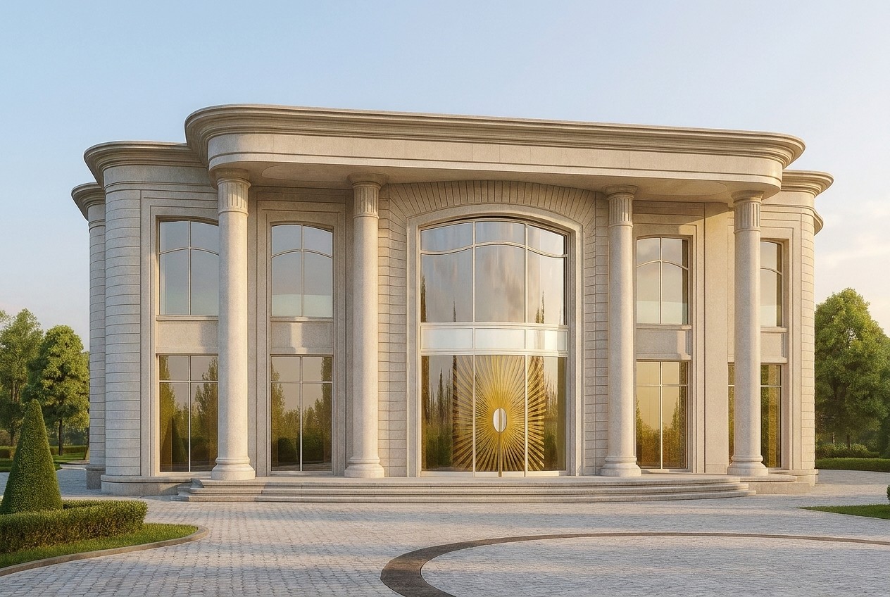 A three-quarter view: the central colonnade steps forward, while the corner rotunda softly carries the façade around the corner.