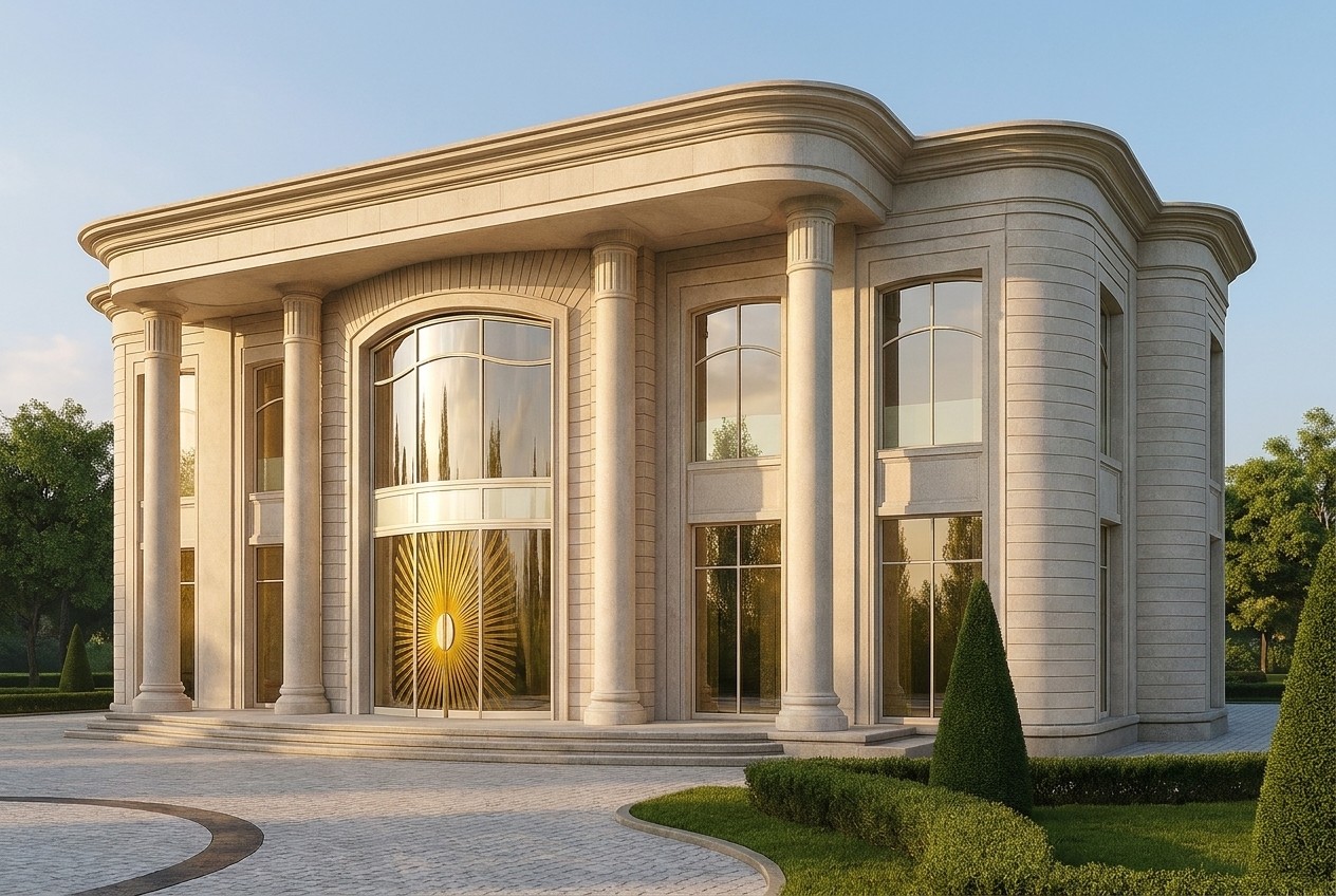 From the other side you see how the rusticated rotundas round the corners and hold the symmetry of the whole volume.