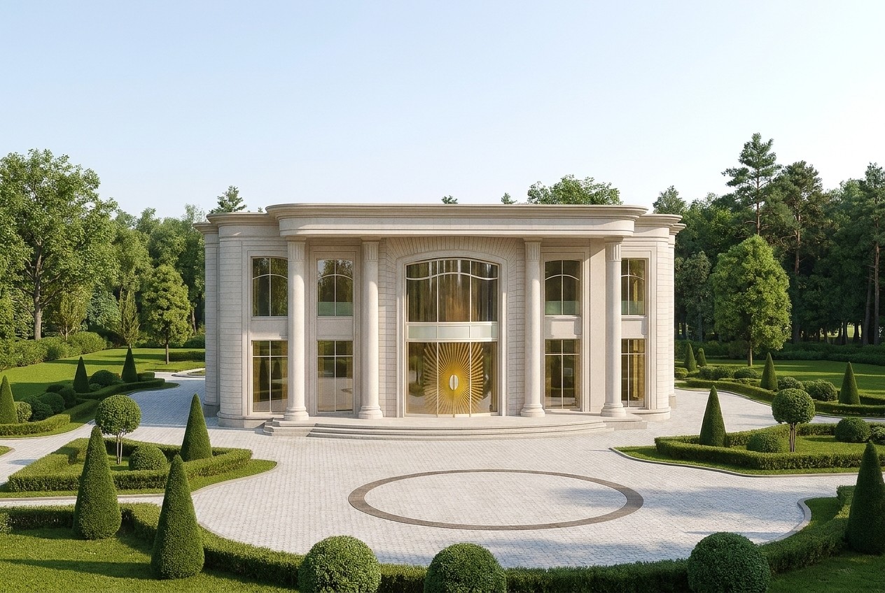 A wide view: the house in a formal park, conical topiaries and clipped forms holding a clear geometry.
