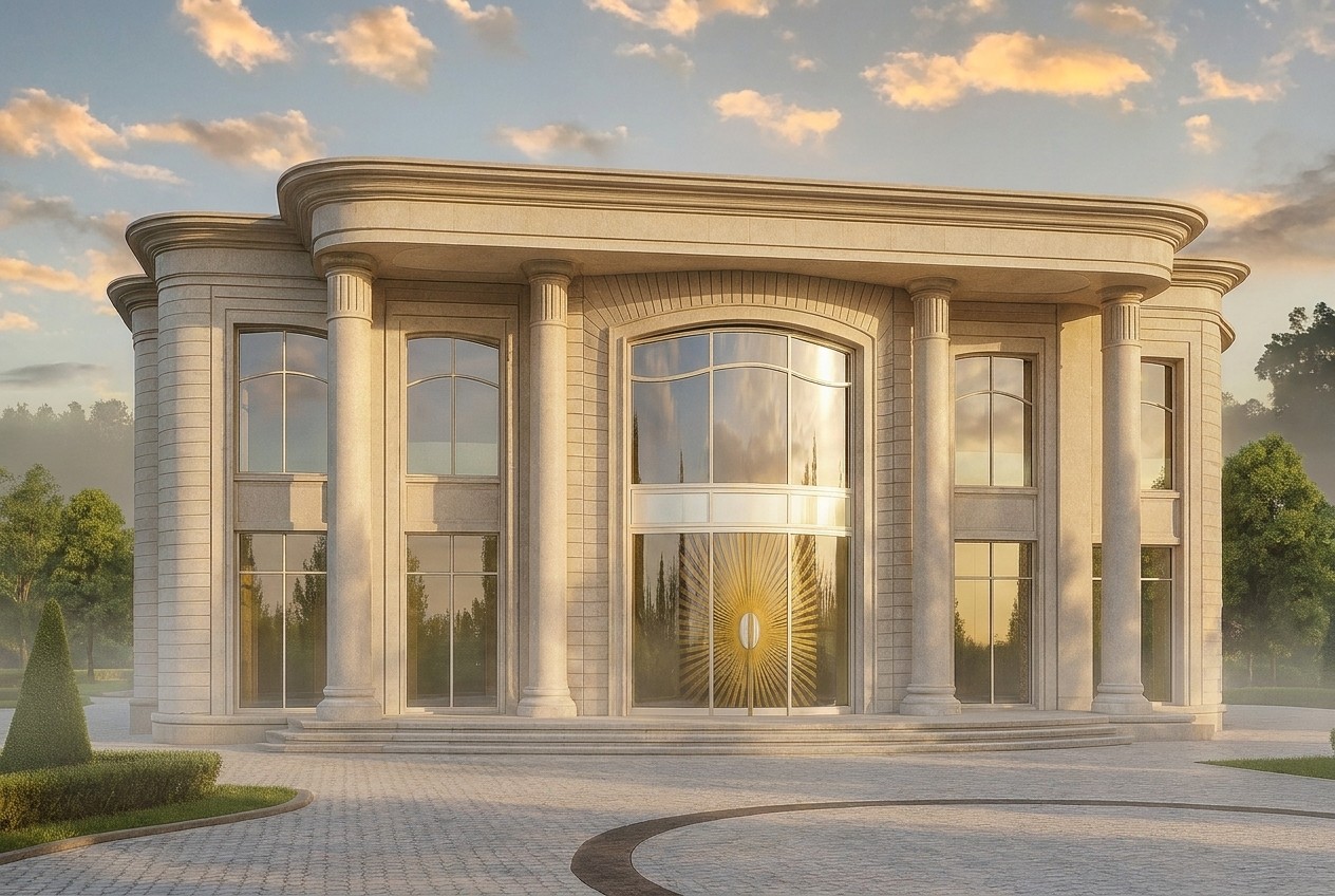 Morning light warms the stone: colonnade, rustication and cornice read softly and in full volume.