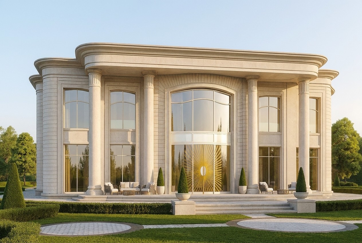 From the garden side — the same arcs, travertine and floor-to-ceiling glazing, open to the formal park and terraces.