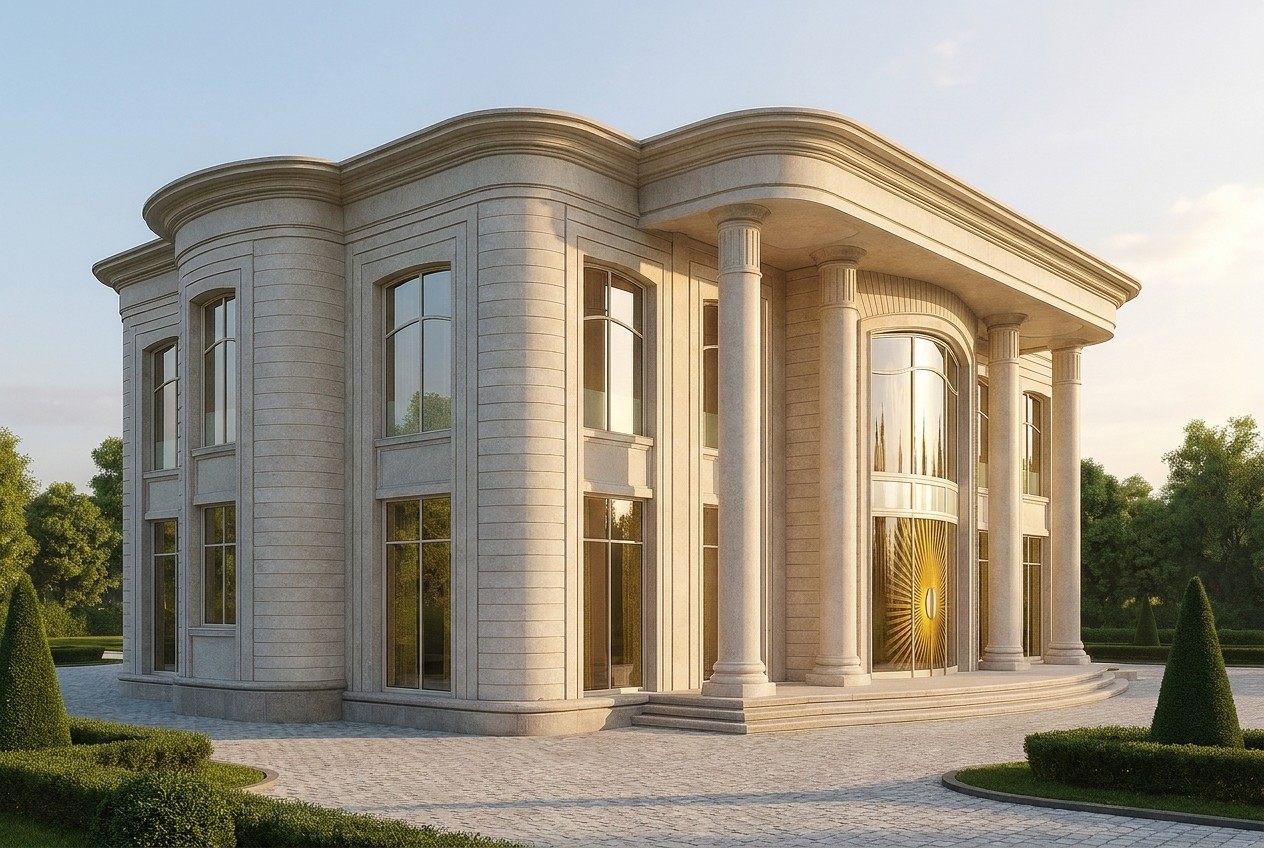 A side view: the deep flat cornice with its rounded edges lays a long, soft shadow across the travertine.