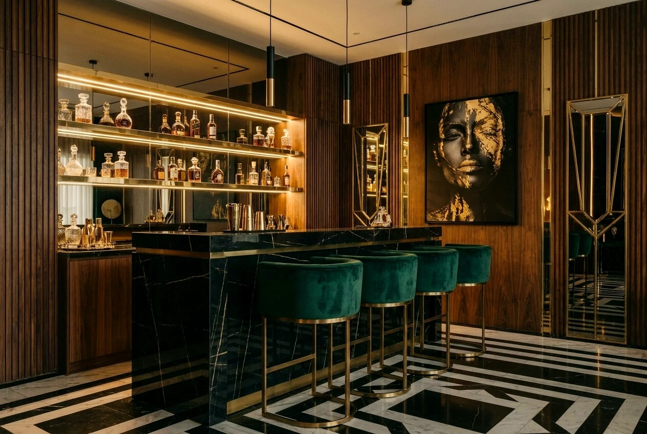 Коктейль-бар: чёрный мрамор, латунь и подсветка — искристая зона вечернего приёма.