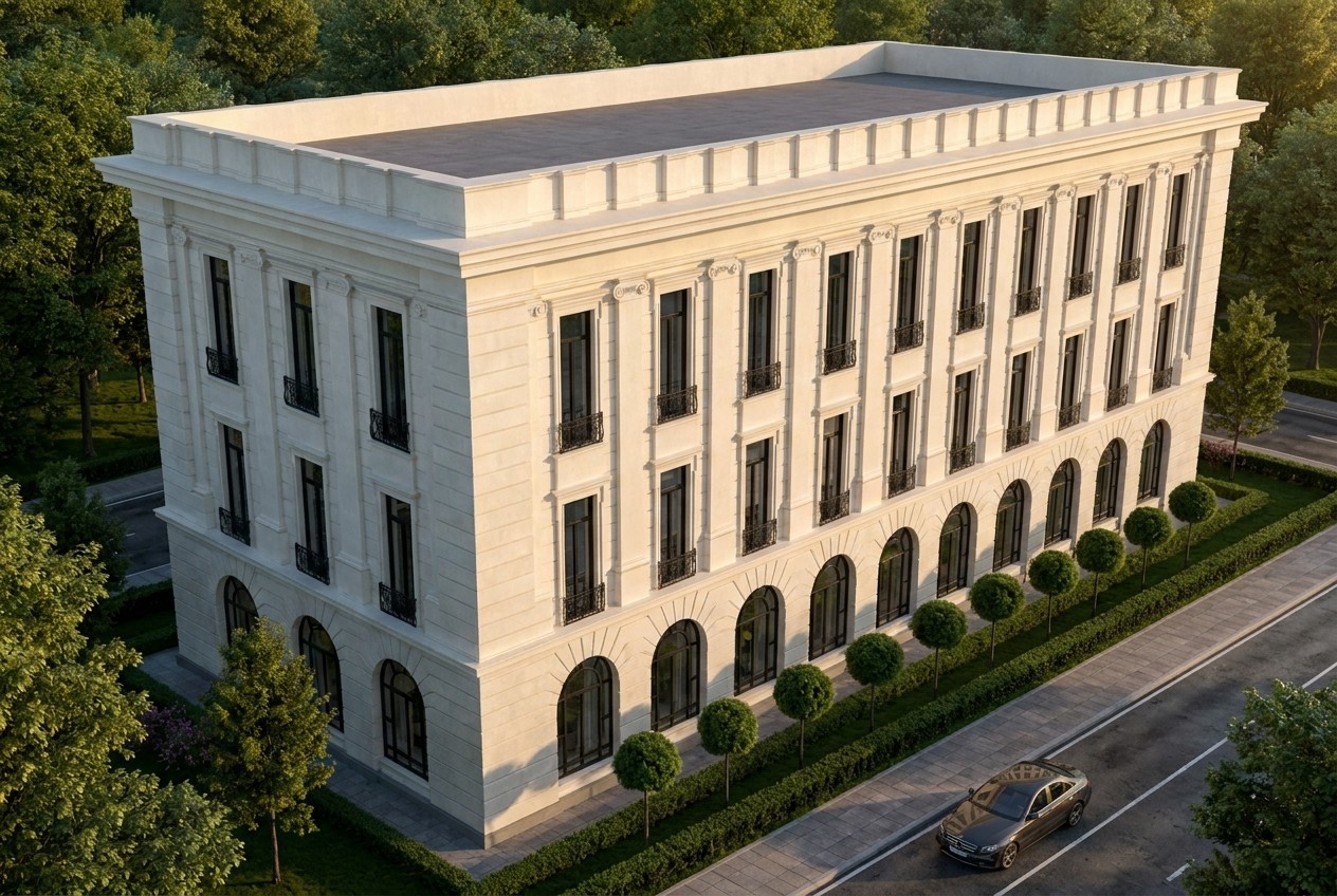 Вид с высоты: компактный известняковый палаццо Palazzo под плоской эксплуатируемой кровлей стоит в квартале, закреплён квойнами и модульонным карнизом по периметру, а рустованная аркада непрерывно обходит весь первый этаж.
