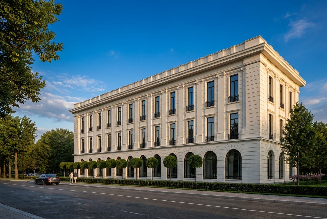 Уличный план: известняковый палаццо Palazzo стоит на бульваре исторического центра — рустованная аркада вдоль тротуара, ионический ордер верхних этажей и карниз по красной линии продолжают масштаб городской застройки.