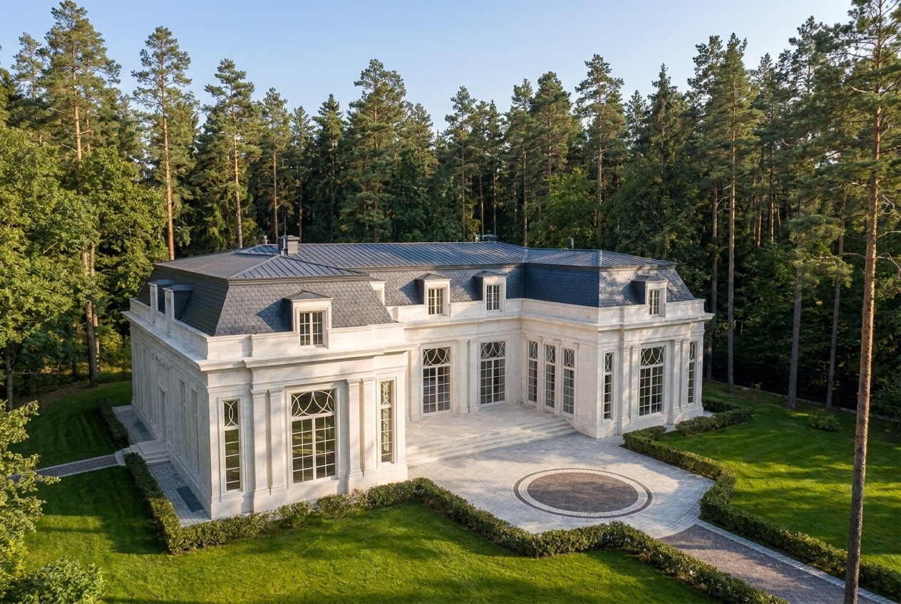 From above: the white pavilion with its recessed loggia and two projecting wings, the fish-scale mansard, the parterre with its round medallion — and the wall of ship-pines around it.