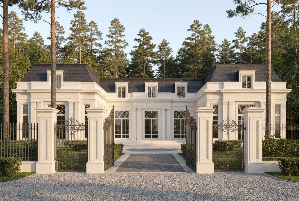 The approach on axis: wrought-iron gates on white stone piers open the view exactly onto the loggia, the gravel forecourt and the round court medallion.