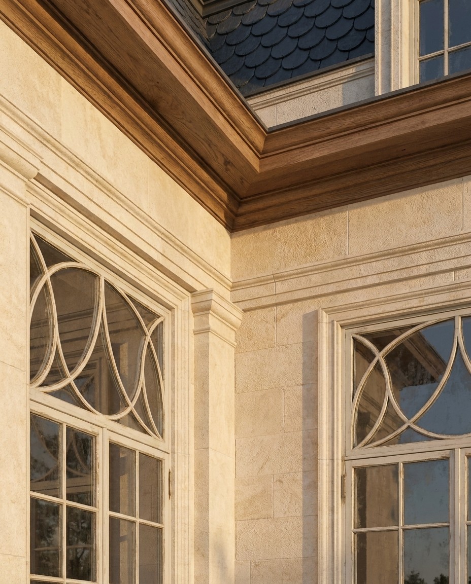 A detail: the porous surface of the white limestone, the deep cornice with its warm timber lining, the fish-scale slate of the mansard and the circular glazing of the arches.