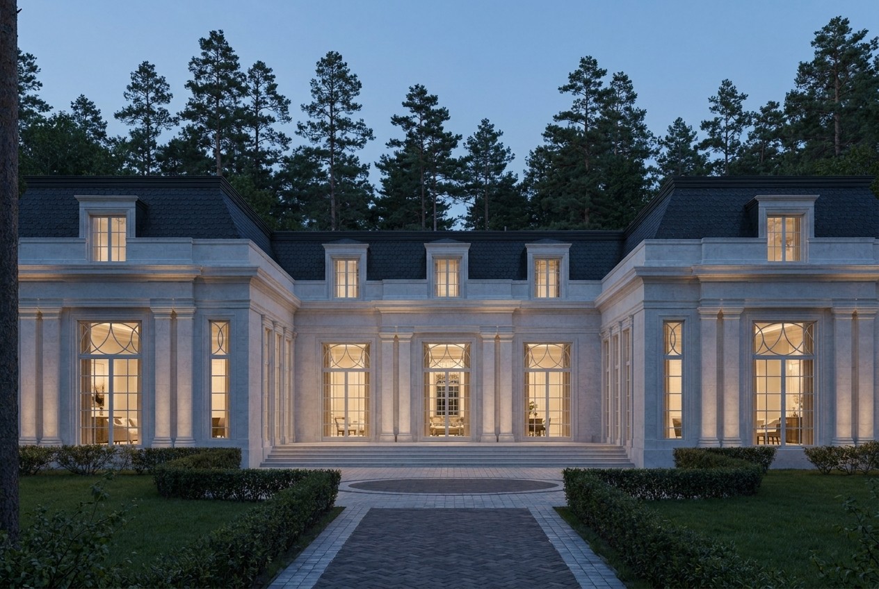 Dusk: the recessed loggia and the arched windows of the pavilions glow with warm light, the limestone is lit, and the pinewood turns blue around the house.