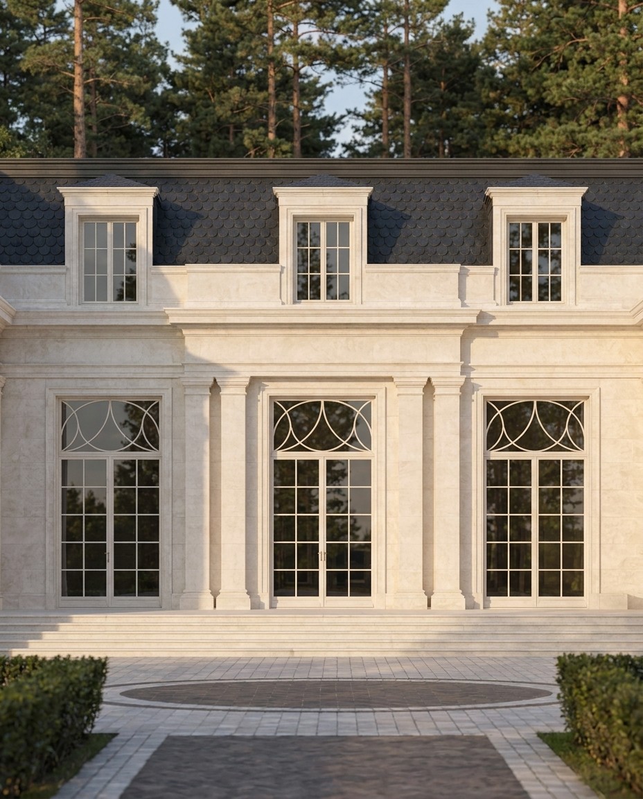 The loggia up close: slender pilasters, three tall arched window-doors and the circular glazing fanned above them, low stone steps down to the parterre.