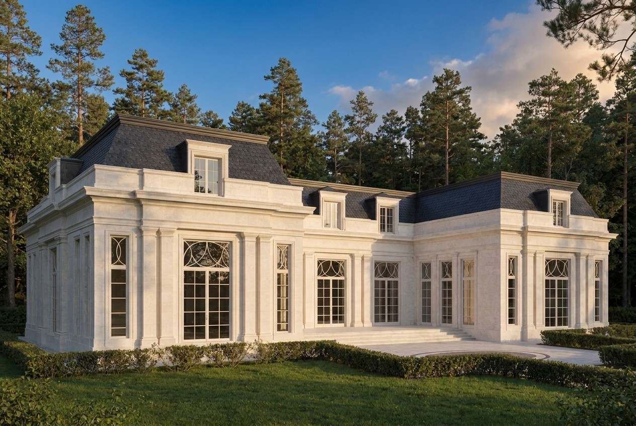 A three-quarter view from the left in the golden hour: the projecting pavilion with its arched window, the recessed loggia at the centre and the fish-scale mansard with its lucarnes.