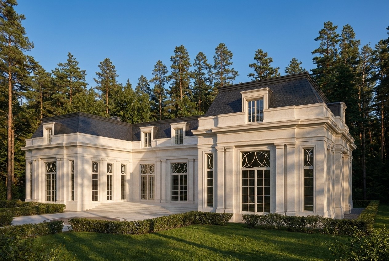A three-quarter view from the right: the same order of pilasters and arched windows, the low horizontal volume and the mansard dissolved into the pine canopy.