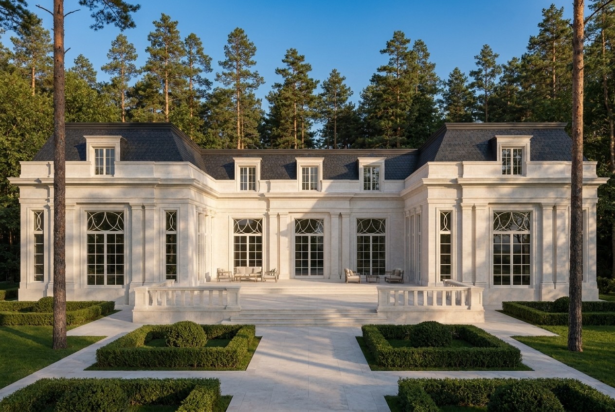 From the garden side — the terrace and the low steps of the loggia, the clipped bosquets of the parterre and the same glazing of the arches above the stone path with its medallion.