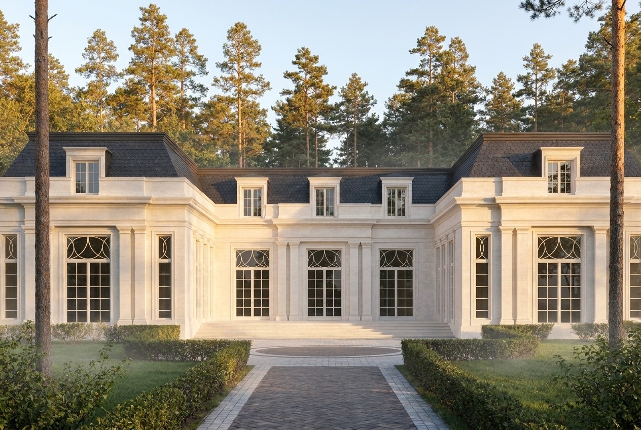 Morning light gilds the limestone and draws the fine shadows of the pilasters: the stone becomes warm, and the glazing lights up along its contour.