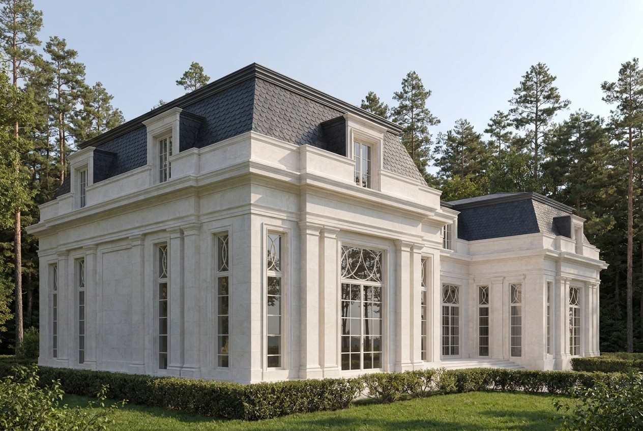 From the side one sees how the pavilion volume spreads along the ground: white limestone, the arched windows of the pavilion and the dark mansard above the cornice.