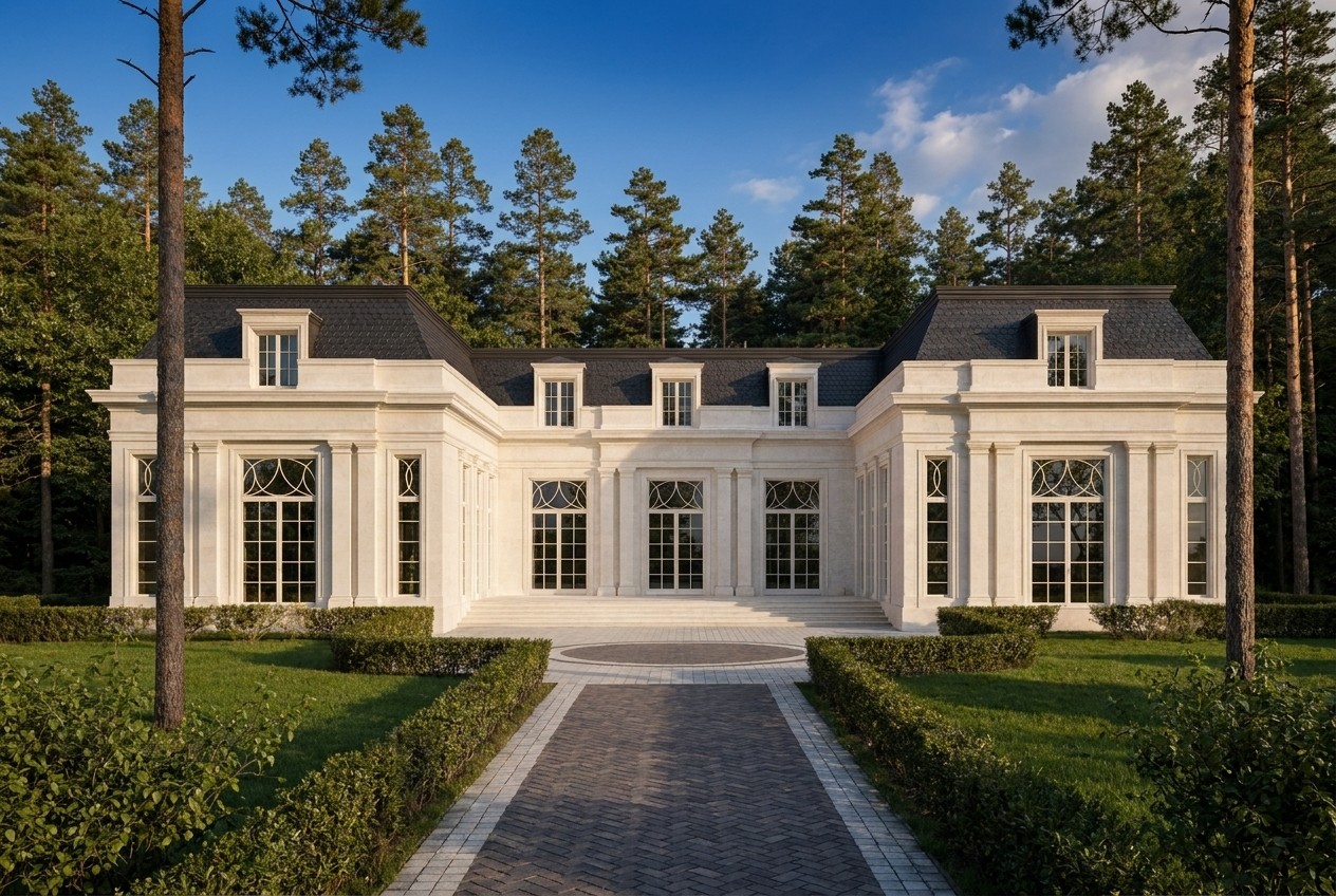 A wide view: the white Pineta pavilion framed by tall pines, the formal parterre and the stone path with its medallion — the French school in a Scandinavian landscape.