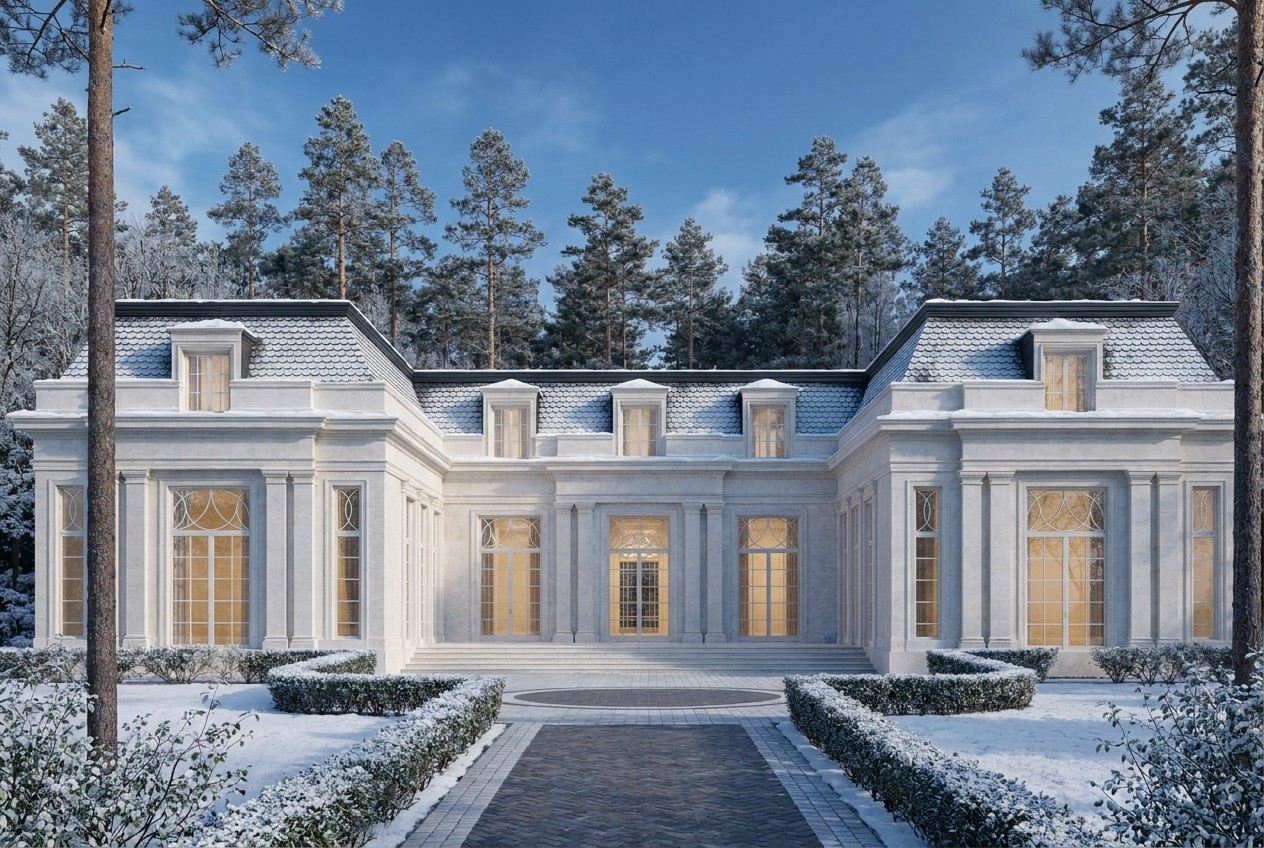 The winter variant: snow on the mansard, the parterre and the pine boughs, the warm light of the loggia — white stone and the dark roof especially graphic against the snow.