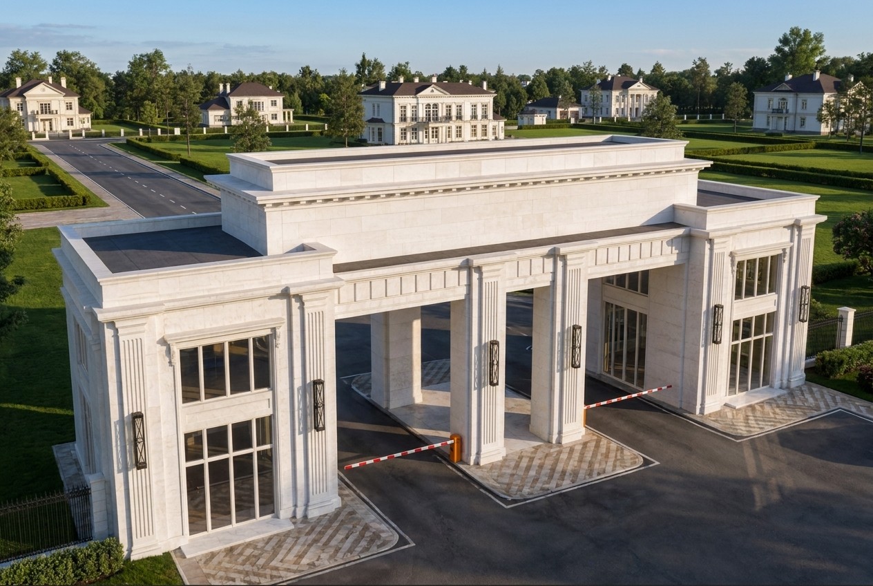 From above: the gateway with its two pavilions and portico drive-through, the separated traffic lanes and the settlement of white mansions beyond the arch.