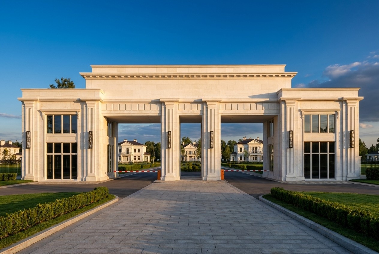 Frontally: the axial paved approach leads exactly to the portico drive-through, and through the three bays the white mansions of the settlement are visible.