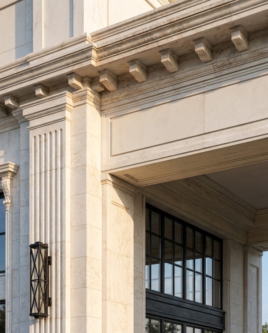 A detail: the fluted white-marble pier, the dentil frieze beneath the entablature and the iron lantern sconce with its cross pattern.