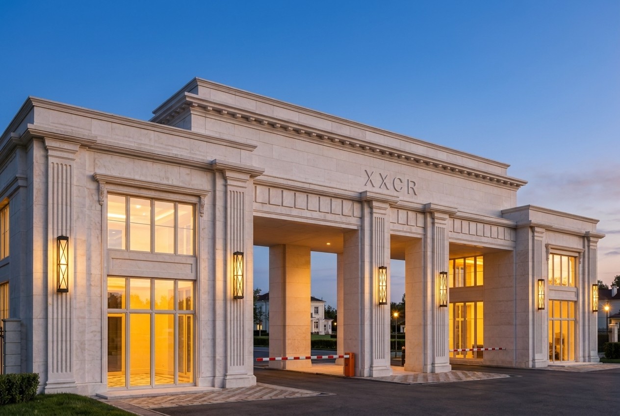 Dusk: the iron lanterns and pavilion windows glow with warm light, the marble is lit, and through the drive-through the settlement glows softly.