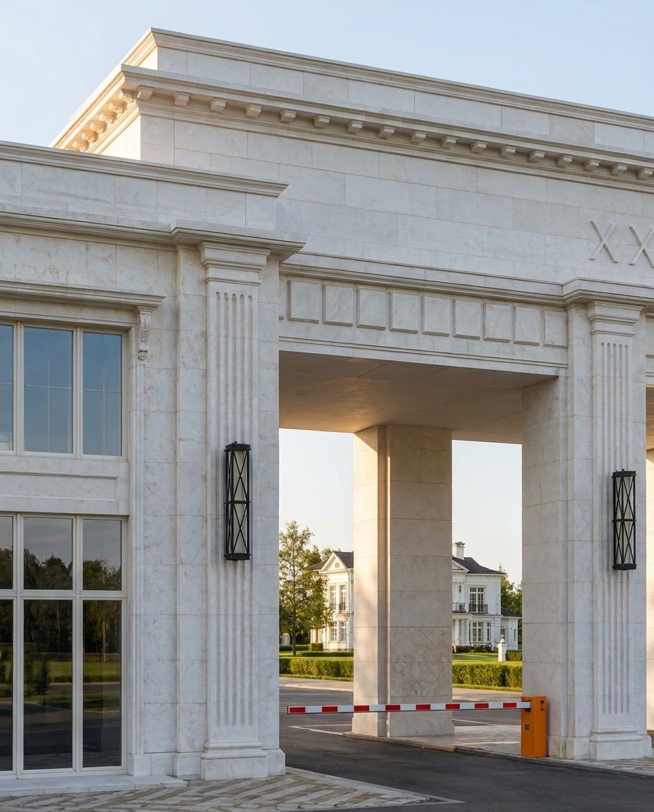 The drive-through up close: the fluted piers, the coffered vault, the iron lantern on the pavilion and the white mansions of the settlement framed by the arch.