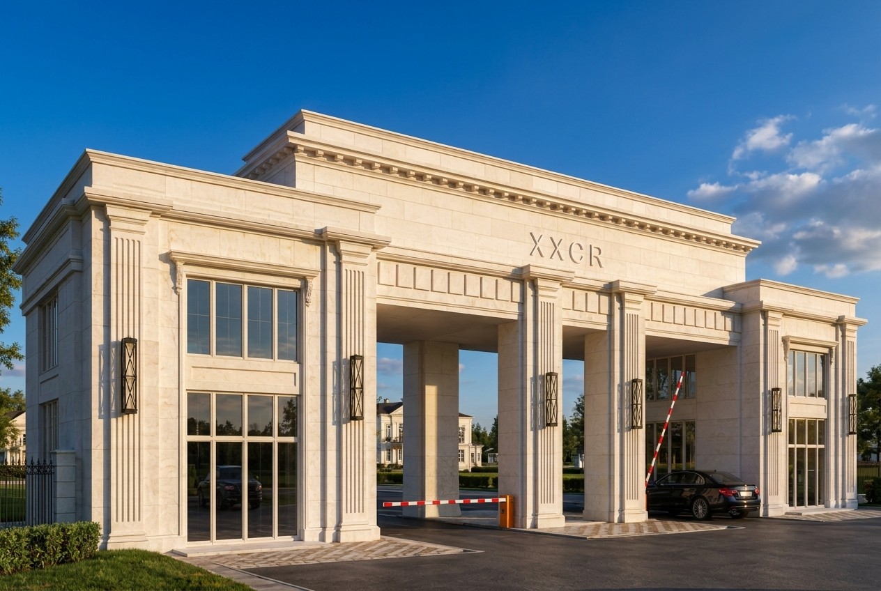 A three-quarter view from the left in the golden hour: the guard pavilion with its tall windows and iron sconces, beside it the arch of the portico drive-through with its barrier.