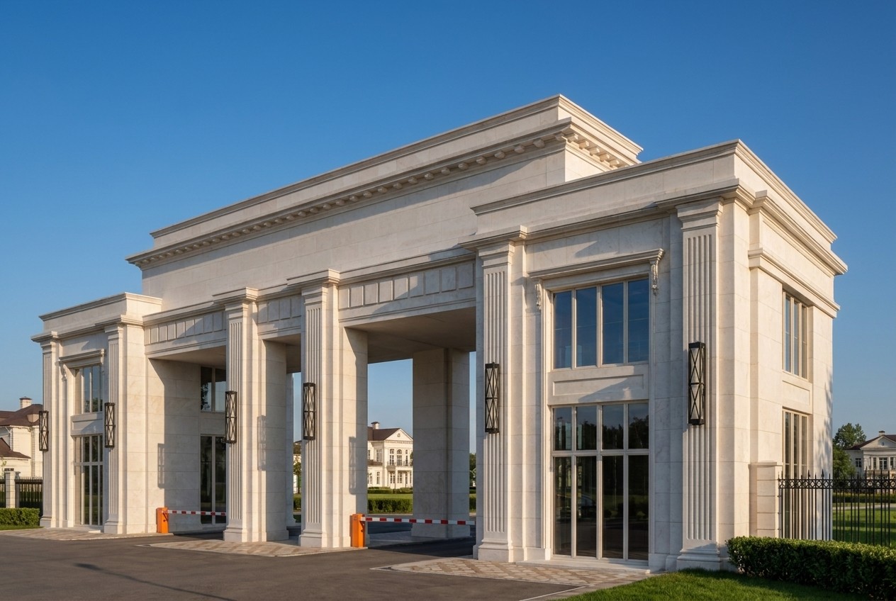 A three-quarter view from the right: the same portico drive-through and the dentil entablature, with the symmetric guard pavilions at the edges.