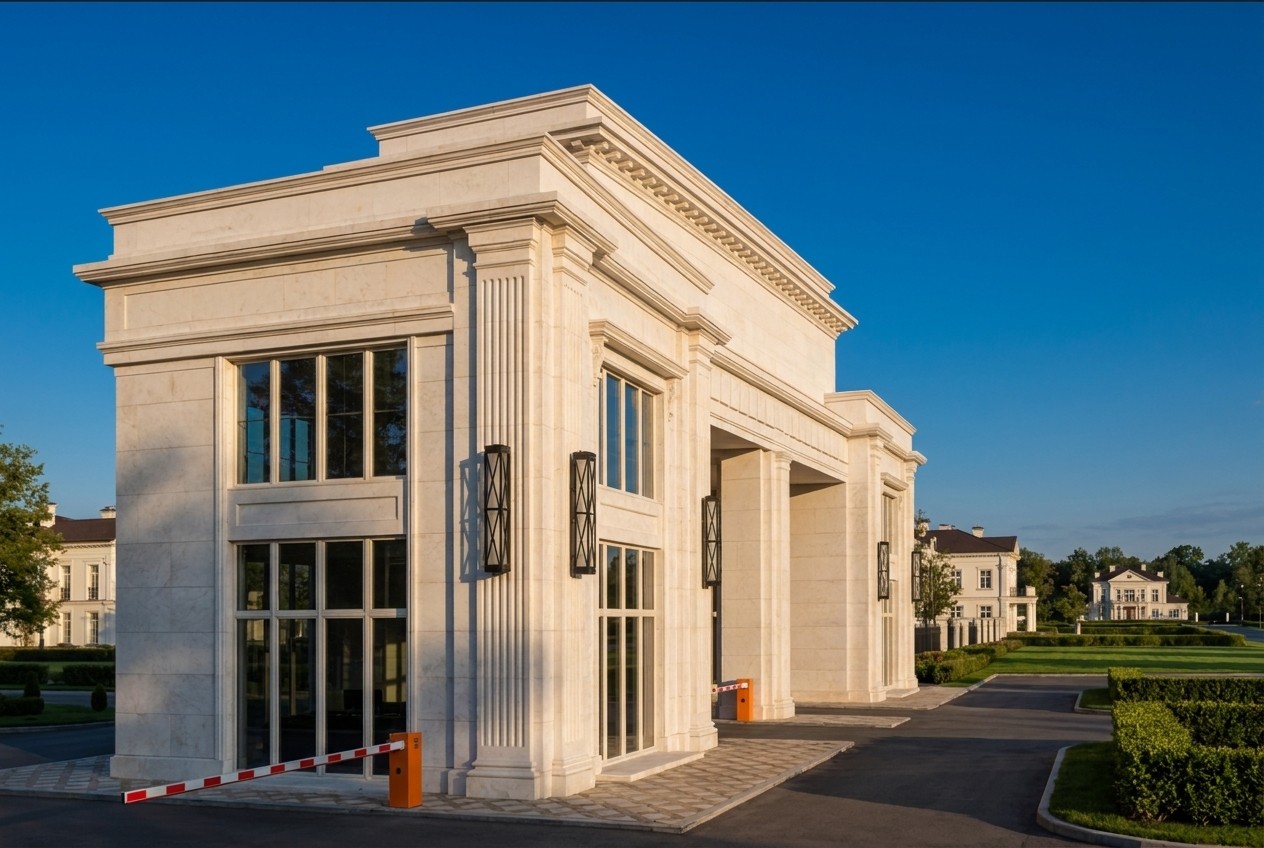 From the side the depth of the drive-through and the volume of the pavilions are visible: white marble, fluted piers and the strict line of the entablature.