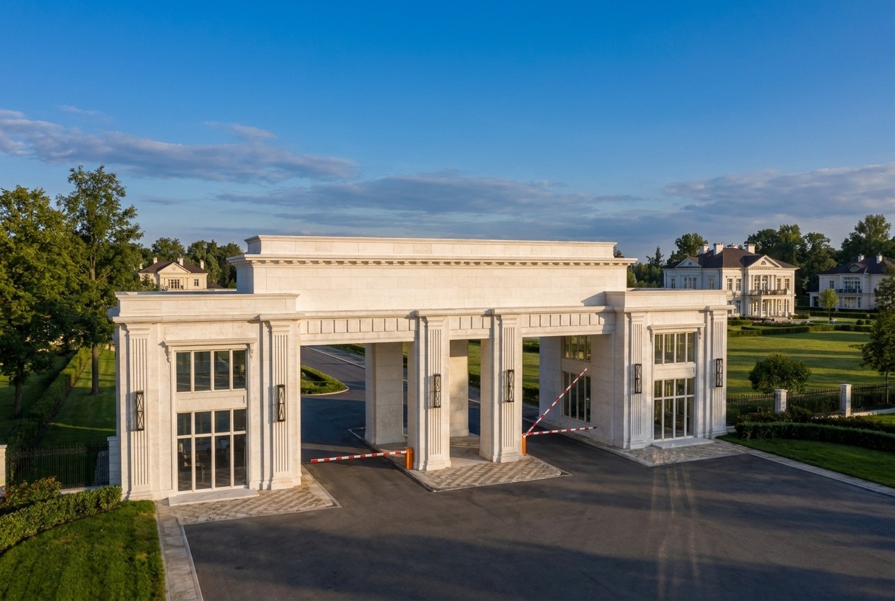 A wide view: the white marble gateway with its portico drive-through and two pavilions amid greenery — the ceremonial setting of an entire settlement.