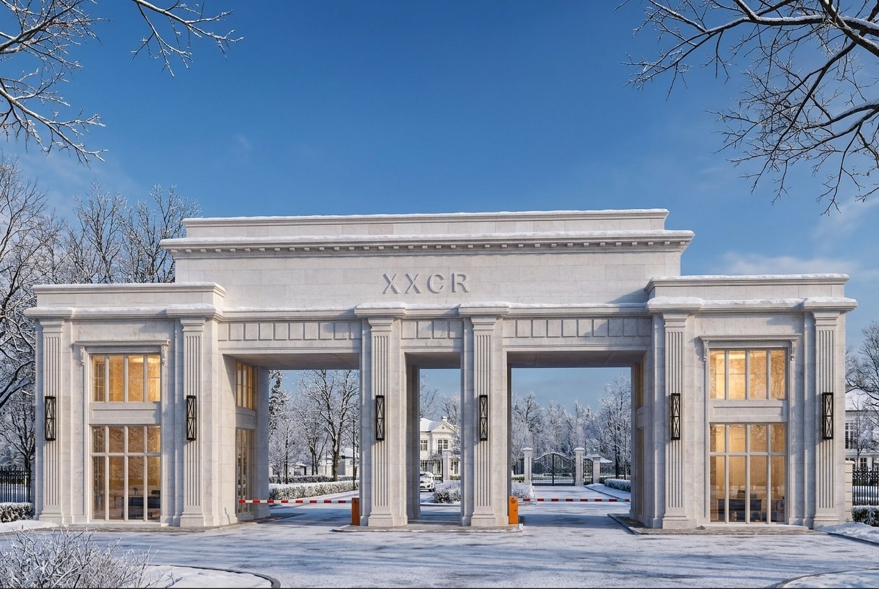 The winter variant: snow on the entablature, the pavilions and the approach, the warm light of the lanterns — white marble and black iron especially graphic against the white.