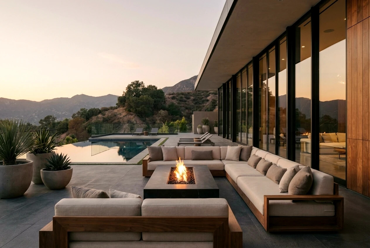 Терраса · бассейн: indoor-outdoor — гостиная перетекает к воде и горам на закате.