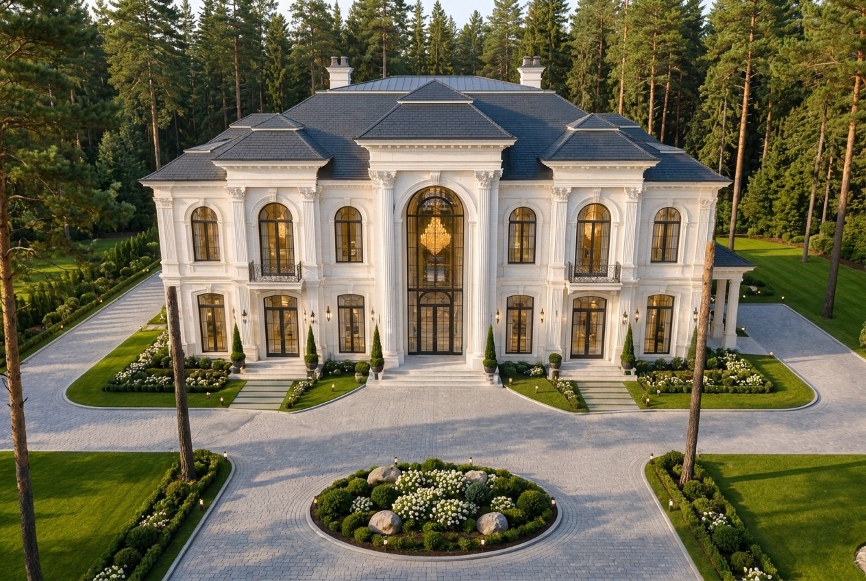 Вид с высоты: белая симметричная резиденция Serliana с тёмными вальмовыми кровлями и светящейся аркой по центру стоит в прогалине соснового бора, круглый форкорт с озеленённым островом раскрыт перед ней.