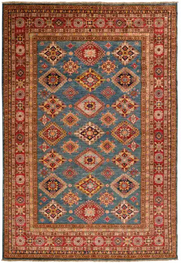 Ковёр Казах 10660 — голубой и красный, геометрический рисунок